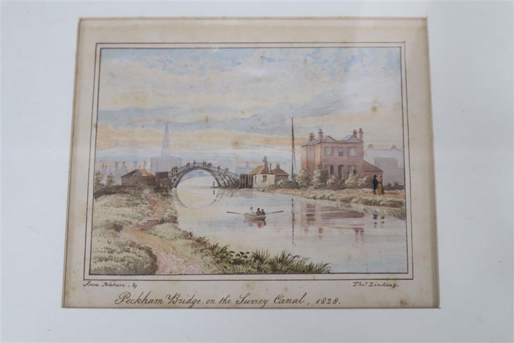 Thomas Lindsay (1793-1861), watercolour, Peckham Bridge on the Surrey canal 1828, signed, 12 x 15cm
